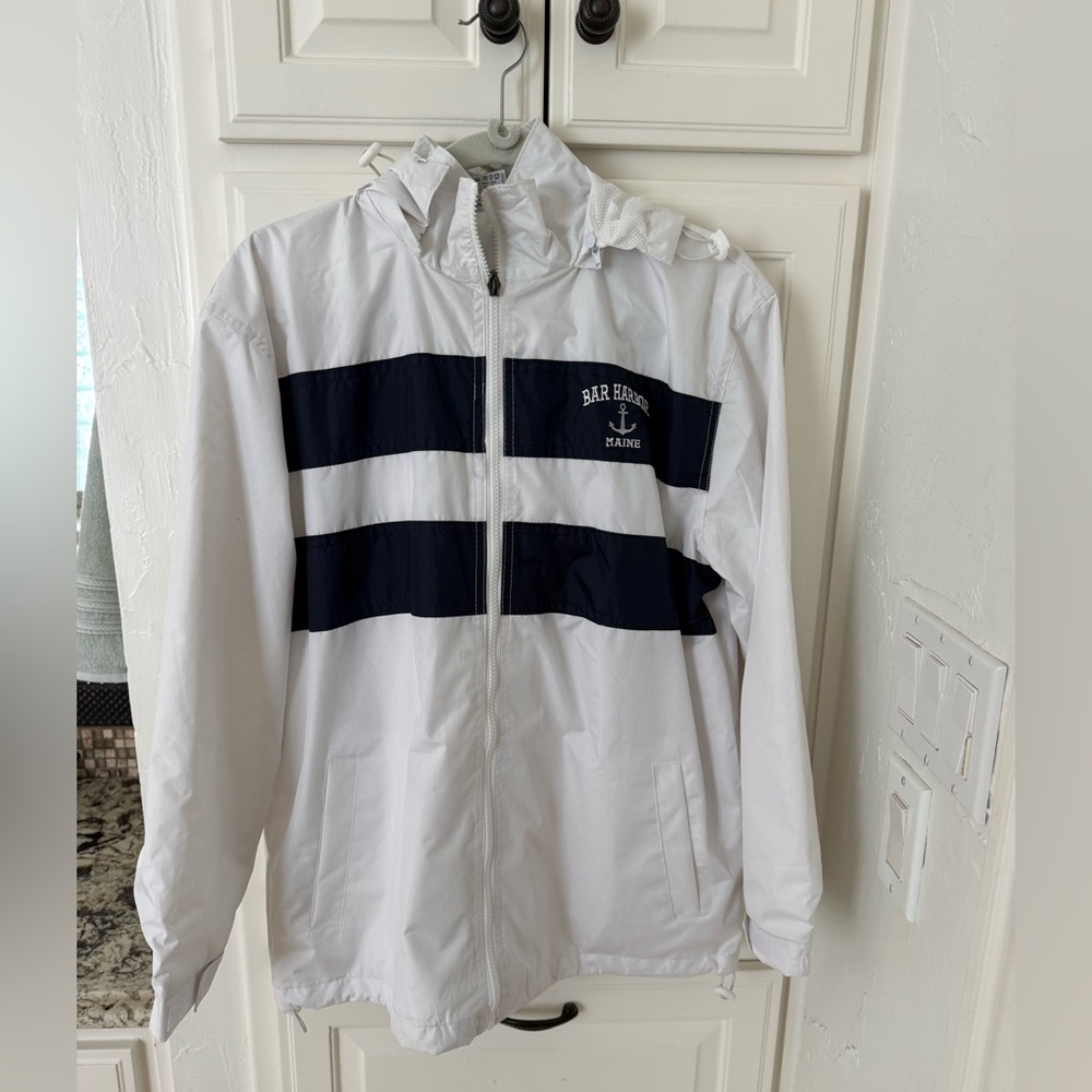Bar Harbor Hooded Rain Jacket - White & Navy Stripes
Size S.